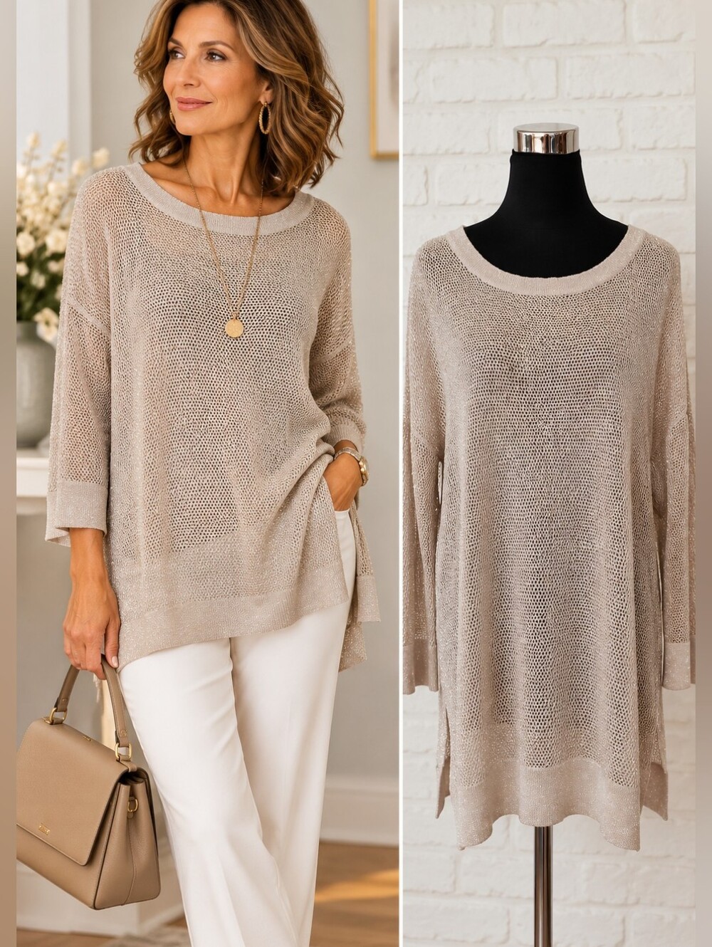 TRIBAL Beige Shimmer Open Knit Sweater Tunic Relaxed Fit Side Slits